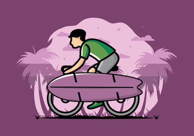 Ride a bike with a surf board illustration