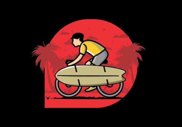 Ride a bike with a surf board illustration