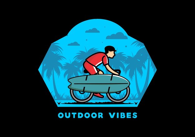 Ride a bike with a surf board illustration