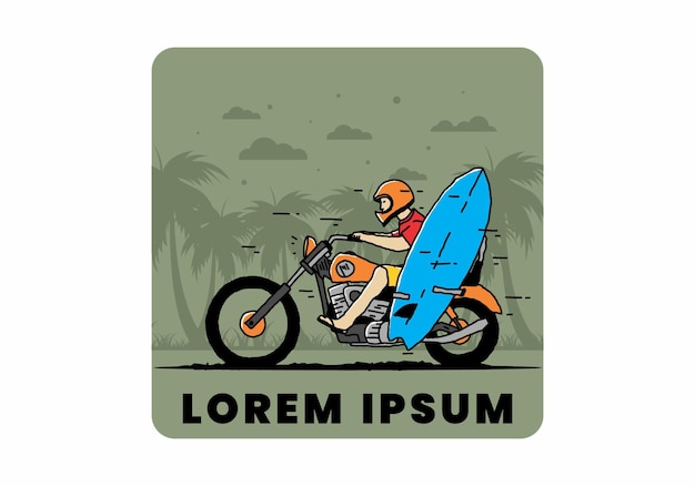 Ride motorcycle with surfing board illustration