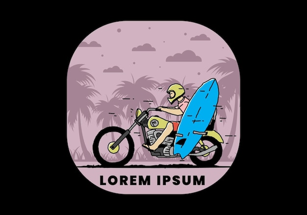 Ride motorcycle with surfing board illustration