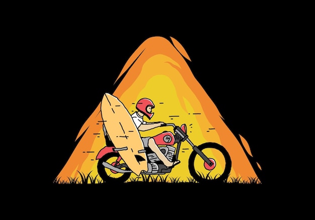 Ride motorcycle with surfing board illustration