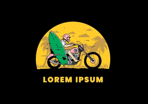 Ride motorcycle with surfing board illustration