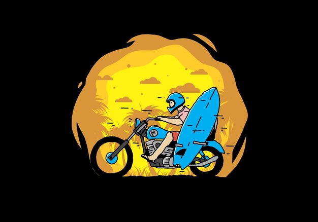 Ride motorcycle with surfing board illustration