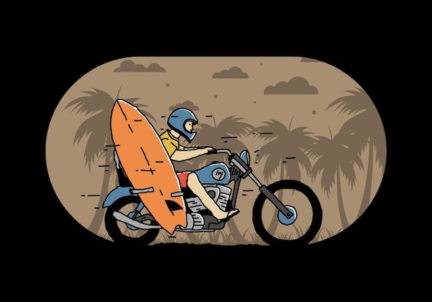 Ride motorcycle with surfing board illustration