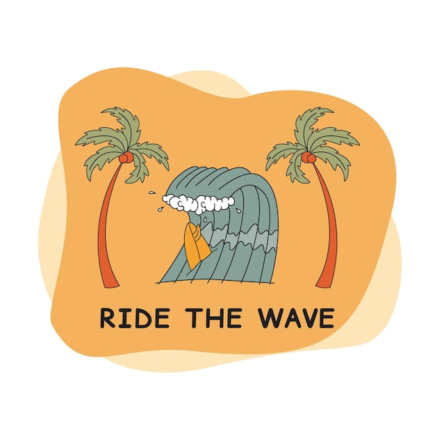 波に乗るヤシの木の波と落書きスタイルのサーフボード手描きベクトルイラストサーフ