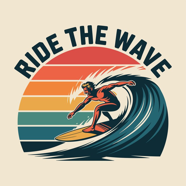 Vector ride the wave retro surfing illustration