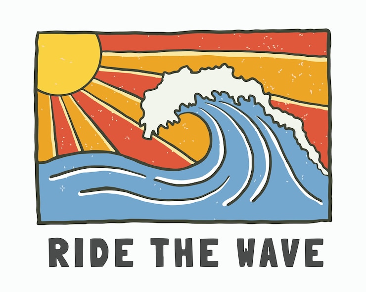 Vector ride the wave on the summer for vintage design t shirt badge sticker illustration
