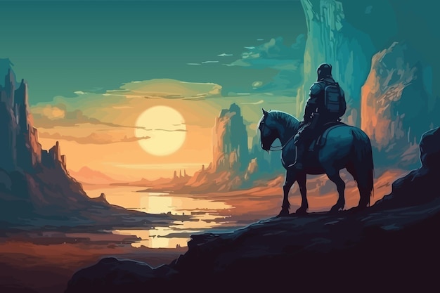 Rider on the hill color lone rider Vector illustration