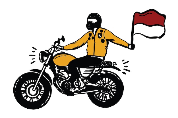 Motociclista motociclista personalizzato con bandiera indonesia illustrazione disegnata a mano