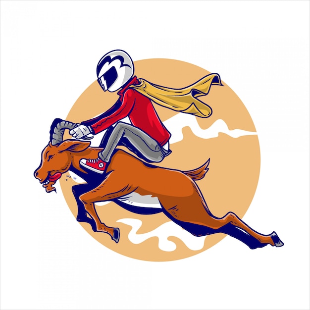 The rider rides a goat in a helmet and cape in hand drawn