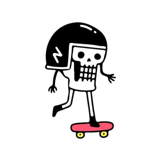 Rider schedel spelen skateboard mascotte karakter, illustratie voor t-shirt, poster, sticker.