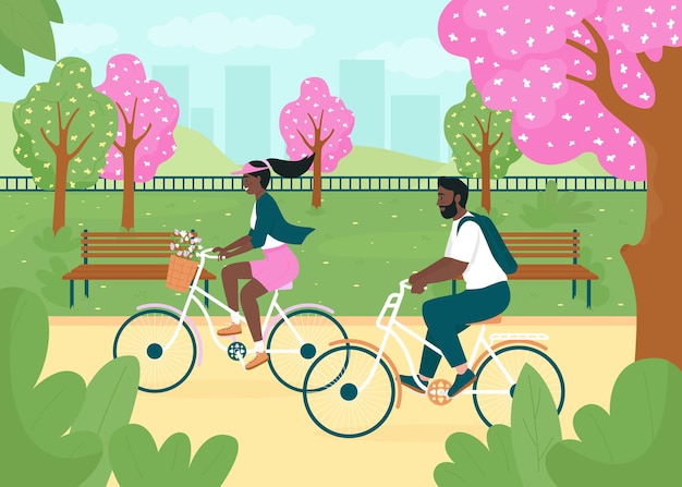 Andare in bicicletta nell'illustrazione di colore piatto del parco di primavera