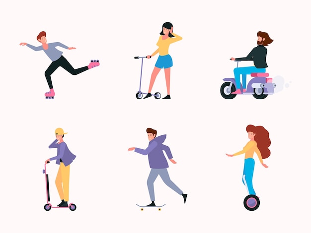 Riding characters Urban transport people electric bike scooter electric cars transportation rollers garish vector illustration set