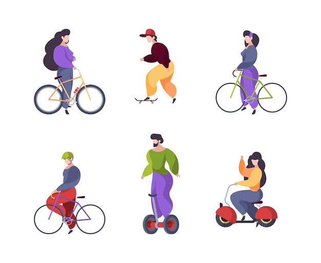 Vector riding people. urban transport car scooter electric segway motorbike longboard skate garish vector flat characters riders isolated on white background. illustration urban electric transport