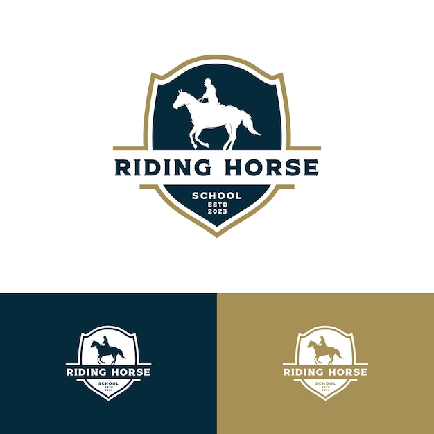 Vettore scuola di equitazione e design del logo della squadra equestre