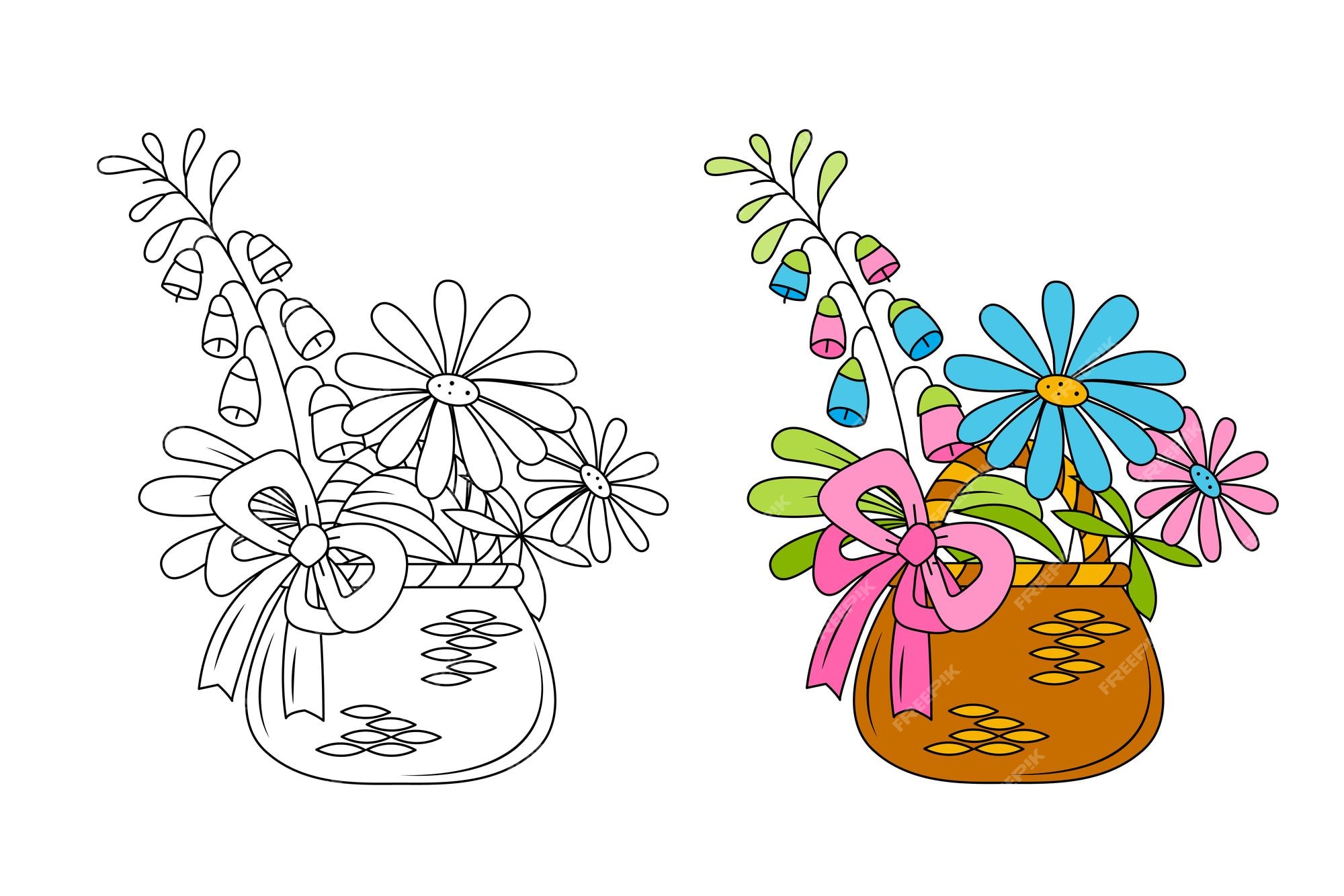 Regulatie accessoires Vluchtig Rieten mand met bloemen kinderkleurboek met een kleurstaal | Premium Vector
