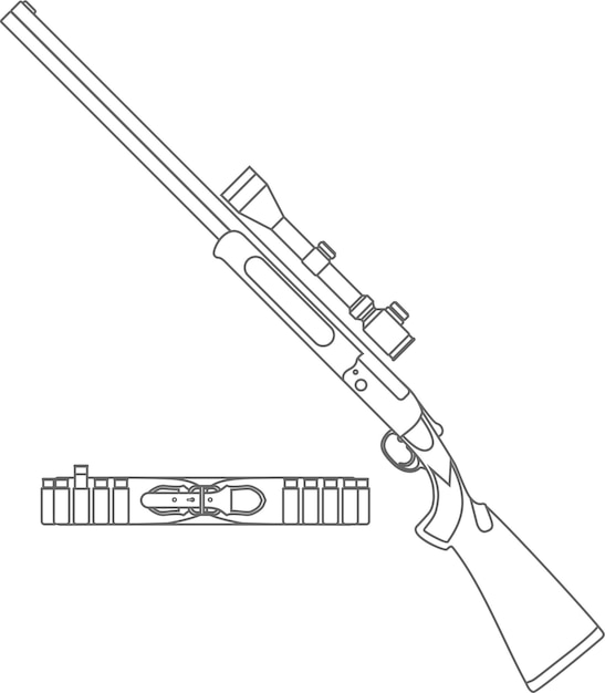Fucile con mirino ottico e cintura bandoliera da caccia con cartucce contorno isolato icona