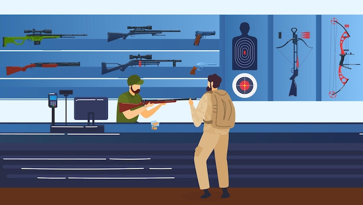 Vector riflerange, shooting gallery, man with rifle, guns and rifle  illustration.