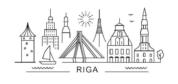 Riga city in outline style on white landmarks sign with inscription