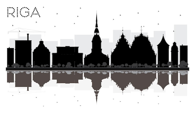 Riga city skyline black and white silhouette with reflections. vector illustration. simple flat concept for tourism presentation, banner, placard or web site. cityscape with landmarks.