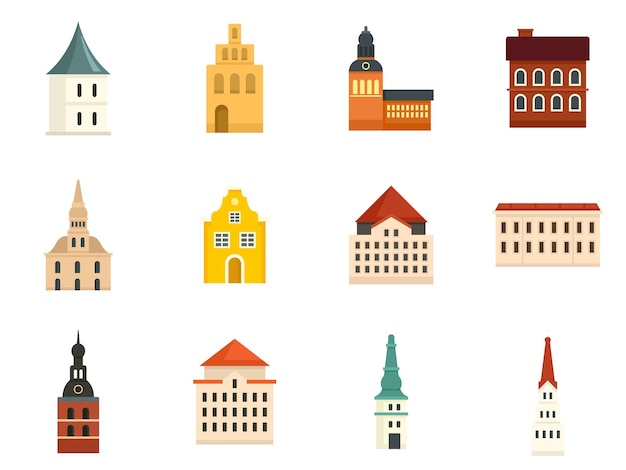 Riga icons set. Flat set of Riga vector icons isolated on white background