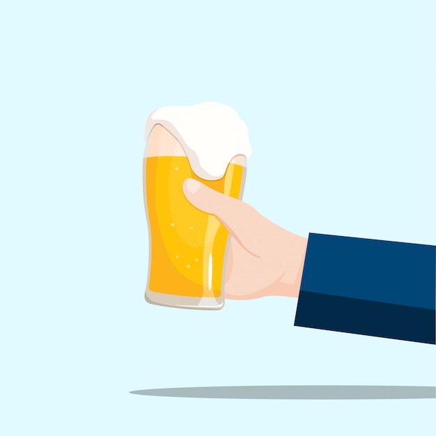 Right hand holding a beer glass on a blue background