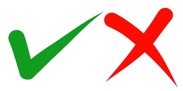 正しいアイコンと間違ったアイコン。緑のチェックマークと白い背景で隔離の赤い十字の手描き。ベクトル図。