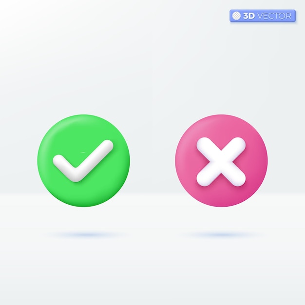 Right and Wrong icon symbols check mark cross mark yes accepted and rejected concept 3D vector isolated illustration design Cartoon pastel Minimal style You can used for design ux ui print ad