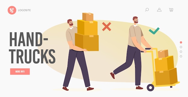 Right and wrong manual handling of heavy goods landing page template. male characters carry carton boxes correctly and improperly way in hands and on hand-truck. cartoon people vector illustration