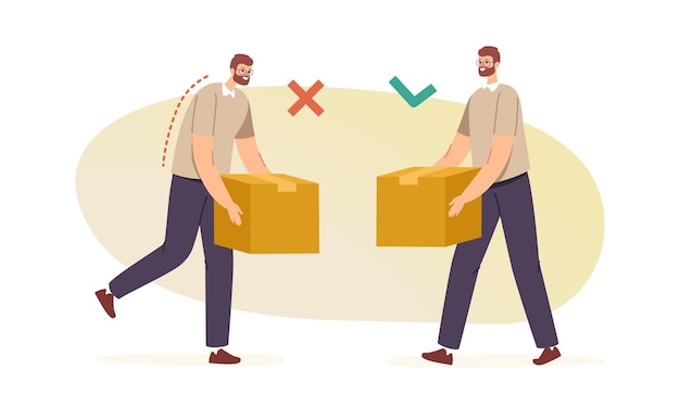 Right and wrong manual handling and lifting of heavy goods concept. back and spine health. male characters carry carton boxes correctly and improperly way in hands. cartoon people vector illustration