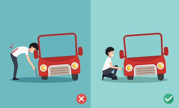 Right and wrong ways to fixing car a car,illustration