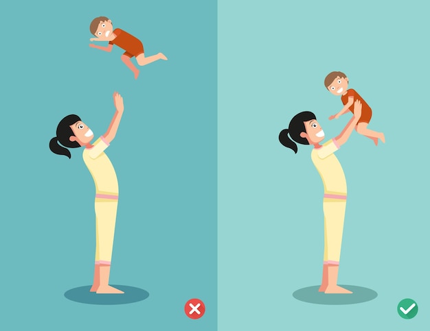 Right and wrong ways for playing with the baby.  illustration