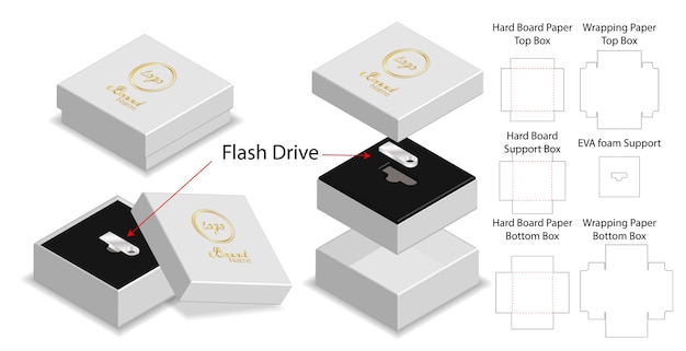 Vector rigid box for flash drive packaging die-cut mockup