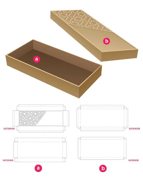 Жесткая жестяная банка с трафаретным рисунком и длинная коробка с вырубным шаблоном крышки и 3D-макетом