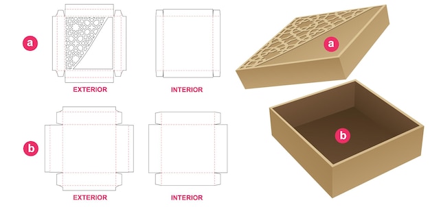 Rigid tin box and lid with stenciled Arabic pattern die cut template and 3D mockup