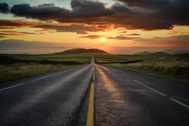 Rijden over de weg naar de zonsondergang met een bewolkte hemel