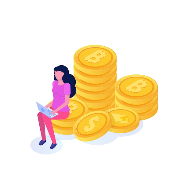 Rijke zakenvrouw zittend op munt, bitcoin kolommen isometrische concept. illustratie