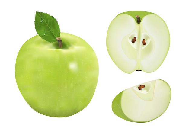Rijpe groene appel met blad, half, plak geïsoleerd op een witte achtergrond 3D-realistische afbeelding hoog detail.