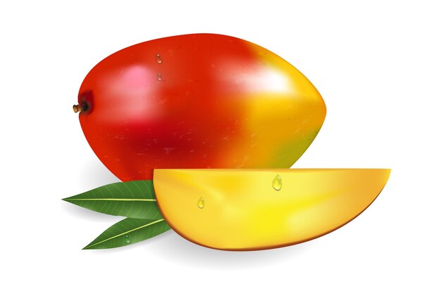 Rijpe verse mango met plakjes, bladeren en druppels. fruit 3d illustratie.