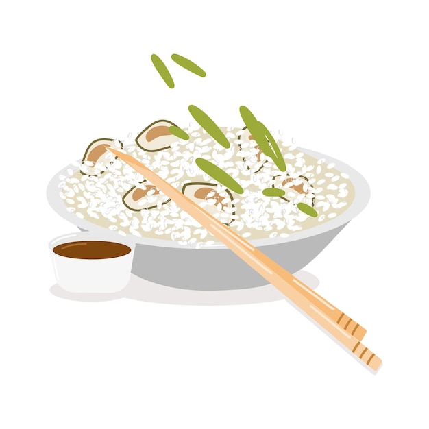 Vector rijst met mosselen met groene uiensaus