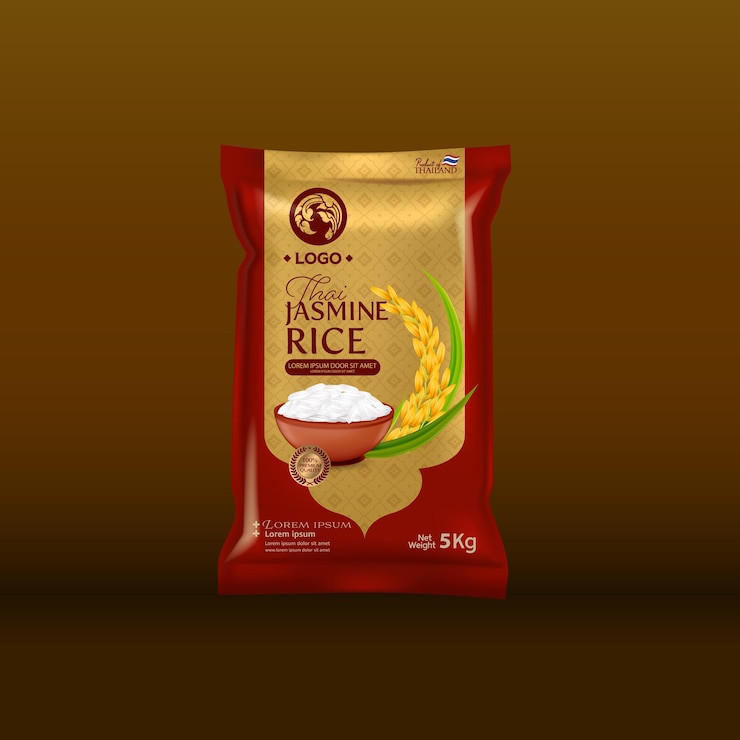 Rijstpakket Mockup Thailand voedselproducten, vectorillustratie