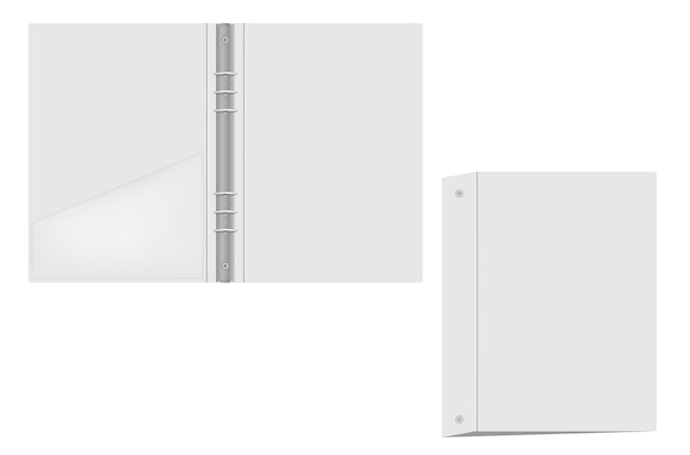 내부 포켓 모형이 있는 링 바인더. 금속 링 모형이 있는 열리고 닫힌 회색 폴더