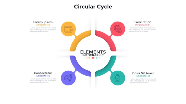 Ring-like chart with 4 colorful bubble protuberances. Concept of four stages of cyclic process. Flat infographic design template. Simple vector illustration for closed business cycle visualization.