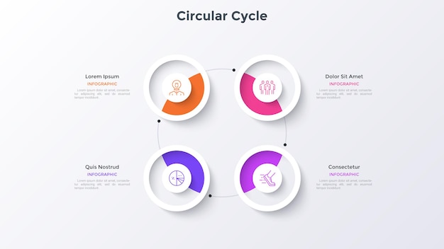 Ring-like cyclic chart with 4 paper white round elements. Concept of four steps of business cycle. Modern infographic design template. Simple vector illustration for business information analysis.