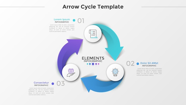 Ring-like diagram with 3 paper white round elements, linear symbols, numbers and text boxes connected by arrows. Three-stepped cyclical business process. Infographic design layout. Vector illustration