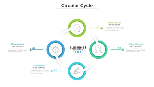 Ring-like diagram with 4 round paper white elements. Concept of cyclical business process with four steps. Clean infographic design template. Modern vector illustration for presentation.