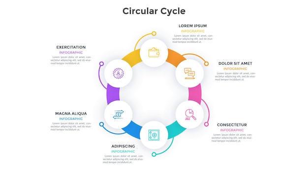 Schema ad anello con 6 elementi circolari. concetto di sei fasi del ciclo economico. modello di progettazione infografica piatta. illustrazione vettoriale semplice per la presentazione, visualizzazione del processo ciclico.