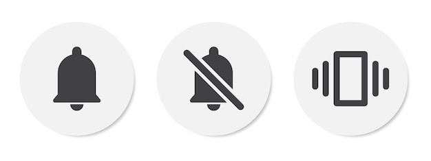 Vector ring silent and vibrate mode bell icon set in circle with shadow for user interface design in grey