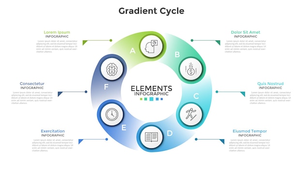 Ringachtige grafiek met 6 ronde papieren witte elementen, lineaire pictogrammen, letters en plaats voor tekst. concept van cyclisch proces met zes stappen. creatieve infographic ontwerpsjabloon. vector illustratie.